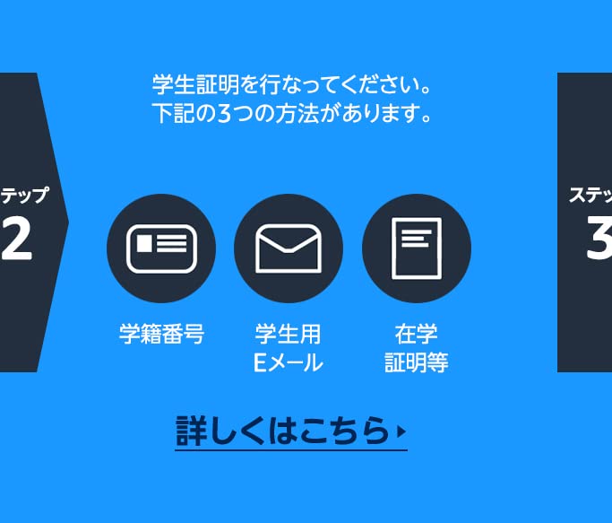 ステップ2 学生証明を行なってください。下記の3つの方法があります。  学籍番号 / 学生用メール / 在学証明書等  _詳しくはこちら