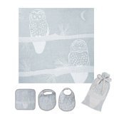 Breganwood Organics Muslin Swaddle, Bib & Wash Cloth Set, Grey Owl Prairie Collection, Designed By H
