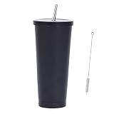 Eribuka 真空断熱 ストロー タンブラー ふた付き おしゃれ ステンレス 携帯 コーヒー カップ 500ml (ブラック750ml)