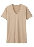 ユニクロ エアリズム VネックT（L,ベージュ） 半袖 メンズ Vネック ドライ 男性 BEIGE ポリエステル コットン