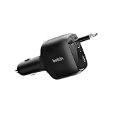 Belkin 75W 3ポート カーチャージャー PD/PPS対応｜シガーソケット用 巻き取り式USB-Cケーブル付属（最大60W）USB-A搭載｜車載充電器 iPhone・Switch・ノートPC 同時急速充電 CCC001fqBK