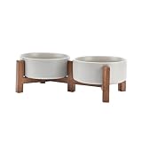 FeedFurry 犬 餌入れ 陶器 犬 食器 ボウル 猫 ペット えさ 皿 水入れ アカシア 木製 ボウルスタンド 滑り止め 高さ調節可能 フードボウル 子犬 小型犬 400ml グレー