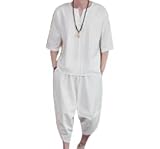 麻 上下セット セットアップ メンズ リネン 半袖 五分袖 Tシャツ 7分丈パンツ サルエルパンツ ワイドパンツ Vネック トップス ズボン 2点セット 通気 無地 ルームウェア 部屋着 カジュアル リラックス