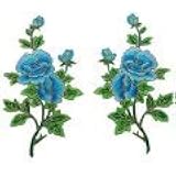 2枚ブルー 牡丹 薔薇の花 金のトリミング 刺繍アイロンアップリケワッペン刺繍裁縫用 アクセサリー 配達3〜5労働日まで