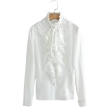 レディース ブラウス フリルブラウス リボン付き 詰襟 ホワイト シャツ トップス 長袖 シフォン リボン ハイネック 無地 カジュアル フォーマル (XL)