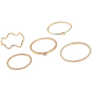 【ノーブランド品】 おしゃれ シンプルな ダイヤ風 装飾付き セットリング ミディリング ファランジリング 5点セット (ゴールド)