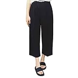 レディースカジュアルピュアカラーハイウエストゆったりソフトコットンワイド脚capri-pantsファッションパンツChilie ブラック