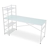 デスク パソコンデスク 収納ラック付 左右対応 角丸天板 ワイド 幅160cm ガラス天板 ホワイト