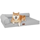 EMME L型犬用ベッド防水防傷ペットベッド レザー調 犬 ソファーベッド 小型犬 中型犬対応ペットクッション高反発 抗菌防臭 ペットソファー 枕付き あごのせ 猫 犬 室内用 寝床 高齢犬 子犬 介護用 ペット用ベッド 掃除しやすい 洗濯不要 滑り止め 取り外せるカバー 通年 64x49x14cm グレー Mサイズ