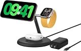 Belkin 3-in-1 ワイヤレス充電スタンド Qi2公式認証/MagSafe対応 iPhone17,16～12/スマートフォン(最大15W高速充電) AirPods/ワイヤレス充電対応イヤホン(5W充電) Applewatch対応 9/8/7/Ultra/Ultra2 USB-Cケーブル付属(1.5m) AC電源アダプター付属 WIZ023dqBK