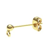 (アップフェル®)[10個] サージカルステンレス ロングポスト ヨコ向き カン付き ボールピアス 3mm ［ ゴールド 金 ］ キャッチ付き P2-01 アクセサリー パーツ 金具