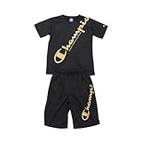 [チャンピオン] ジャージ上下 キッズ 半袖 丸首 2枚組 速乾 グラフィックロゴプリント Tシャツ＆ショーツセット ベーシックスポーツ CK-BSW04 ブラック