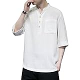 [Fuyumoe] リネンシャツ メンズ 夏服 Tシャツ 七分袖 メンズ シャツ 綿麻 スタンドカラー 和風 Vネック 無地 トップス おしゃれ 快適 カジュアル 涼しい 通勤 軽量 薄手 カットソー 夏 （ホワイト 4XL=日本2XL）