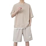[Anzn] 夏服 メンズ セットアップ Tシャツ 半袖 上下 セット 大きいサイズ 無地 ゆったり おしゃれ 上下スウェット 服 トップス ハーフパンツ ショート パンツ アップ 快適 スポーツウェア セットアップ春夏 tシャツ 人気-kaqi-M