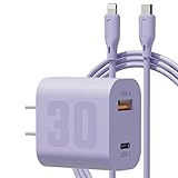 PD充電器 30W Type C 急速充電器 アイフォン1.5mケーブル付き USB-A/USB-C 2ポート ACアダプター 充電器 GaN(窒化ガリウム採用) コンパクト充電器PSE認証獲得【PD&QC3.0対応】落雷保護iPhone 14 / 13 / 12、Galaxy S22 / S21、AirPods、Switchその他USB-C機器対応 (Purple)