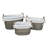 ホワイト裏地付きアンティークWash Ovalウィッカーストレージバスケット S