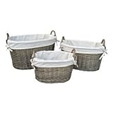 Set of 3ホワイト裏地付きアンティークWash Ovalウィッカーストレージバスケット