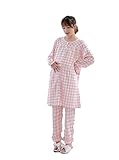 Asia Color パジャマ レディース 長袖 前開き チェック柄 上下セット 授乳口付き 可愛い 肌に優しいガーゼ生地　ルームウエア (S, ビンク)