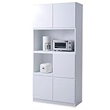 食器棚 壁面収納 鏡面加工 プッシュオープン 可動棚 スライド収納 コンセント付 キッチン収納 キッチンタイプ 高さ190cm 幅90cm ホワイト