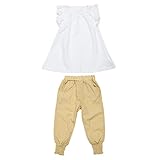 Domybest 子供服　女の子　ベビー服　トップスとロングパンツ　二点セットアップ　90-130スーツ　袖なし　フリルショルダー　ホワイトブラウス　無地　春夏秋 (90)