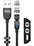 (株)アトラス マグネット充電ケーブル 2m x 1本 (黒) 2.4A 急速充電/マグネット端子 ：MicroUSB, Type-C/端子ケース付き/アンドロイド スマートフォン用