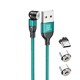 DAIAD USB A to Type-C マグネット式 充電ケーブル 1PIN 充電専用 着脱式 LED付き 防塵キャップ 首振り L字 360度回転 ナイロン編組 端子3個セット 0.5m (グリーン)