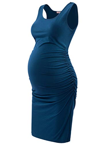 Maternity Tank Dress Ruched Sleeveless Mama Dress Pregnancy Baby Shower Dress - Blue - X-Large