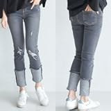 【bttm102950】ロールアップ ストレート ブラックデニム ダメージ 美脚 マタニティ デニム パンツ (L, グレー)