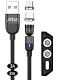 (株)アトラス マグネット充電ケーブル 2m x 1本 (黒) 3A 急速充電 データ転送/マグネット端子 ：MicroUSB, Type-C/端子ケース付き/アンドロイド スマートフォン用