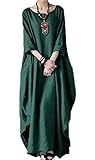 コットンリネン プラスサイズ ソリッドカラー エクストラロングドレス ロングルーズドレス (緑, L)