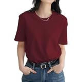 [Mmlnrc] Tシャツ レディース 半袖 [8.11オンス 綿100％ 厚手 透けない よれない]クルーネック 夏服 カットソー トップス 重ね着 丸襟 スポーツウェア カジュアル ゆったり 体型カバー 着痩せ おしゃれ 無地 快適 白tシャツ 黒tシャツ 春 夏 秋 (JP, アルファベット, M, 標準, ワインレッド)