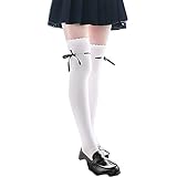 [SHUCLASS] ニーハイソックス レディース靴下 オーバーニーソックス 滑り止め付き ソックス 着圧 cosplayや制服用 ニーハイ 黒いロングソックス 長さ52cm丈 ホワイト-結びブラック