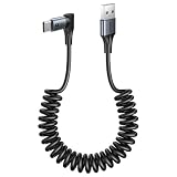 SUNGUY 直角コイル式 USB C ケーブル, 90度 USB-A - USB-C ケーブル Android Auto Carplay、iPhone 17 16 15 Pro Max、Galaxy S25 S24 Ultra 用タイプ C コード - 1.5M【快適な長さ: 0.4～1M】, 1パック, グレー