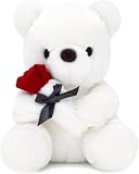 Homehalo テディベア ぬいぐるみ くまのぬいぐるみ 可愛い Teddy Bear 抱き枕 動物 可愛い くま ぬいぐるみ ふわふわ 特別 クマ ぬいぐるみ 気持ちいい Teddy Bear with Rose面白いギフト 母の日のプレゼント お祝い クリスマスプレゼント バレンタインデー ギフト(ホワイト,25cm)