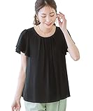 [ニッセン] ブラウス 半袖 フレア ジョーゼット 洗える レディース オフィス キレイめ カットソー裏地付 黒 LL