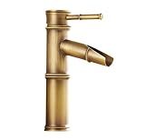 竹型 蛇口 混合水栓 レトロ アンティーク シングルレバー 水道 真鍮製 洗面台 手洗い 取り付けホース付き (A Type 22cm Gold)