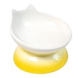 MONIWOLLY 犬 餌入れ 陶器 [ペット 食器] 猫 餌入れ 15度 傾斜 食べやすい 犬用食器 高さ11cm セラミック 餌皿 [犬餌入れ陶器中型犬] 小型犬 フードボウル 吐き戻し防止 14cm広口 猫耳デザイン 電子レンジ 食洗機対応 滑り止め 丈夫 (イエロー)