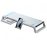 Quxxuol モニター台 USB2.0/3.0データ転送付き モニター台 引き出し 折りたたみ可能 USB/TYPE-C充電付き タブレットと携帯電話ホルダー付き耐荷重30kg カラフルなライト オフィス用品 (ホワイト,ライトとUSB付き)