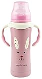 MoomooBaby Stainless Steel Baby Bottle with Fast Flow Silicone Nipple & Matching Handle 8-Ounce, Che