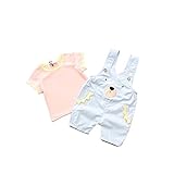 夏子供カバーオール Ｔシャツ 女の子の服 Pojour 1-6歳キッズ用かわいいクマパンツ 2セット 子供ギフト 綿 通気 ブルー(90cm)
