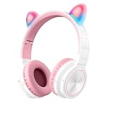 ゲーミングヘッドセット 猫耳ヘッドホン Bluetooth ワイヤレスヘッドフォン マイク付き 有線 3.5mm 可愛い LED付き 虹色変換 密閉型 ENCノイズキャンセリング機能 HiFi音質 重低音強化 軽量 伸縮式 折りたたみ 有線無線兼用 PC/Switch/PS5/ PS4/スマホ/iPhone/iPad/Android 対応 (ホワイト＆ピンク)