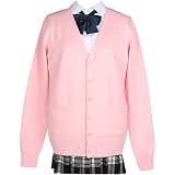 [AAQX] スクールカーディガン 女子 制服 ゆったり ニット Vネック 厚手 無地 高校生 学生 通学 レディース 春秋冬用 100％コットン (JP, アルファベット, M, ピンク)