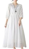 [BaLuoTe] ワンピース 半袖 レディース 綿麻ワンピース リネン風 ロングワンピース aライン マキシワンピース 大人 ドレス Ｖネック リネンワンピース 綺麗めホワイトM