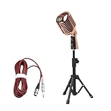 AOUCNクラシックレトロダイナミックボーカルマイク，ブルートゥース，有線ビンテージクラシック，オールドヴィンテージスタイル，単一指向性，クセルフテンション回転，ライブパフォーマンススタジオ録音，KTV用 (ローズゴールド + 三脚 + 4m オーディオケーブル)