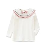 RoRykon 子供服 女の子ブラウス ガールズブラウス フォーマル リボン フリルブラウス 長袖 無地 入学式スーツ用ブラウス キッズTシャツ 丸襟 発表会 結婚式 七五三 (130CM, ホワイト