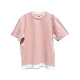 【レイヤードTシャツ】 ビッグシルエット 大きめ ゆったり 綿100 半袖 丸首 【14215】(L, 12.ピンク)