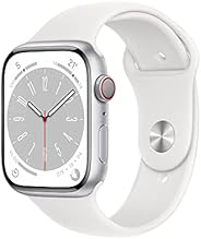 Apple Watch Series 8 GPS + Cellularモデル、45mmケース シルバーアルミニウムケースとホワイトスポーツバンド レギュラーを組み合わせたスマートウォッチ。フィットネストラッカー、血中酸素