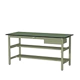 ワークテーブル300シリーズ H900固定式 中間棚・半面棚板・1段 深型W500mm キャビネット付 天板：グリーン 本体・キャビネット：グリーン 900×750 SWRH-975TS1-GG+D1-G