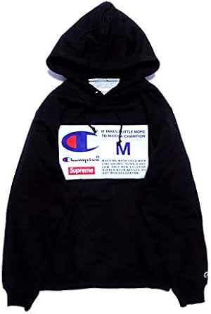 Amazon シュプリーム Supreme メンズ シュプリーム チャンピオンコラボプルオーバーパーカー ブラック Supreme Champion Label Hooded Sweatshirt 65060 M 並行輸入品 トレーナー パーカー 通販