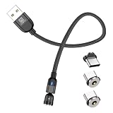DAIAD USB-A to Type-C 充電ケーブル 0.3m マグネット式 1PIN 充電専用 着脱式 LED付き 防塵キャップ 首振り 360度回転 L字 ナイロン編組 USB-C 端子3個セット ブラック